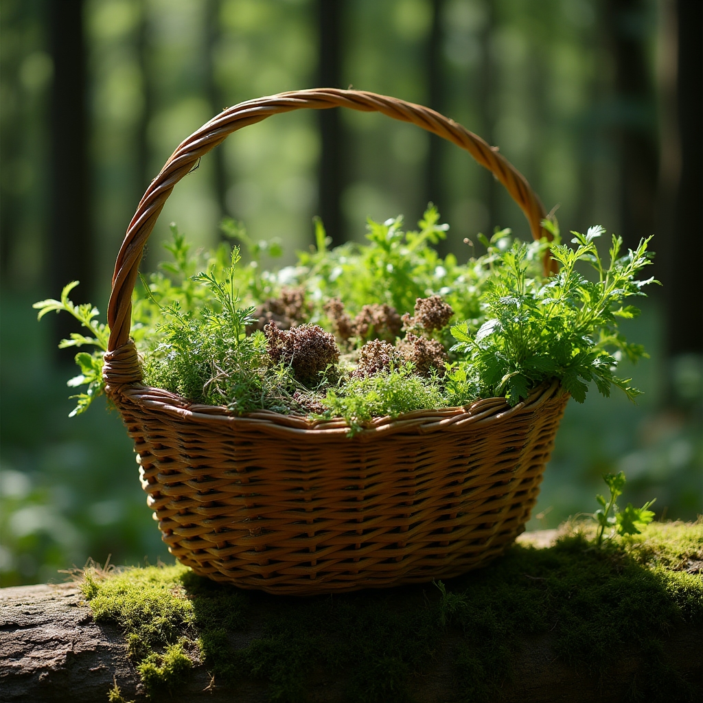 Woven foraging basket filled with mixed wild greens after a harvest walk